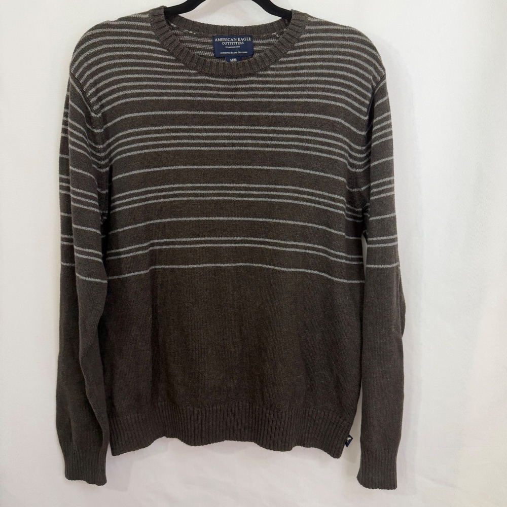 American Eagle Outfitters Mens Grey Striped Long Sleeve Crew Neck Sweater Medium